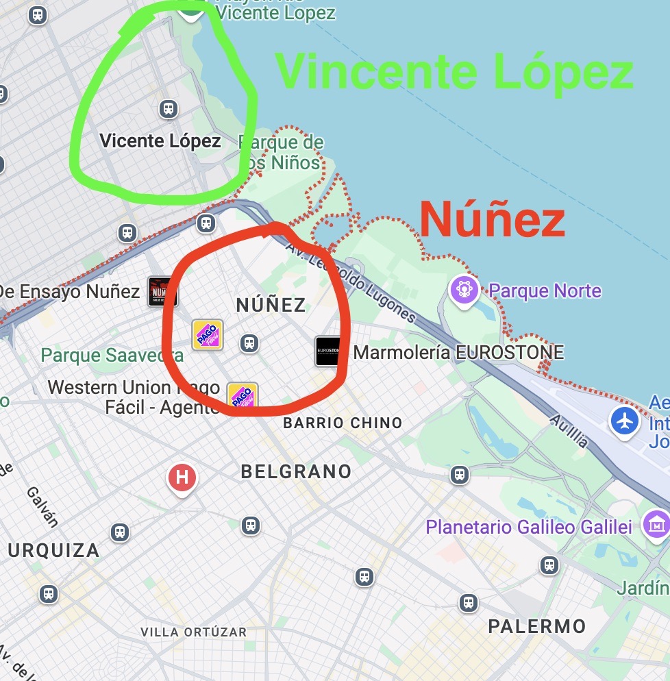 Map of Nunez and Vincente Lopez, Buenos Aires