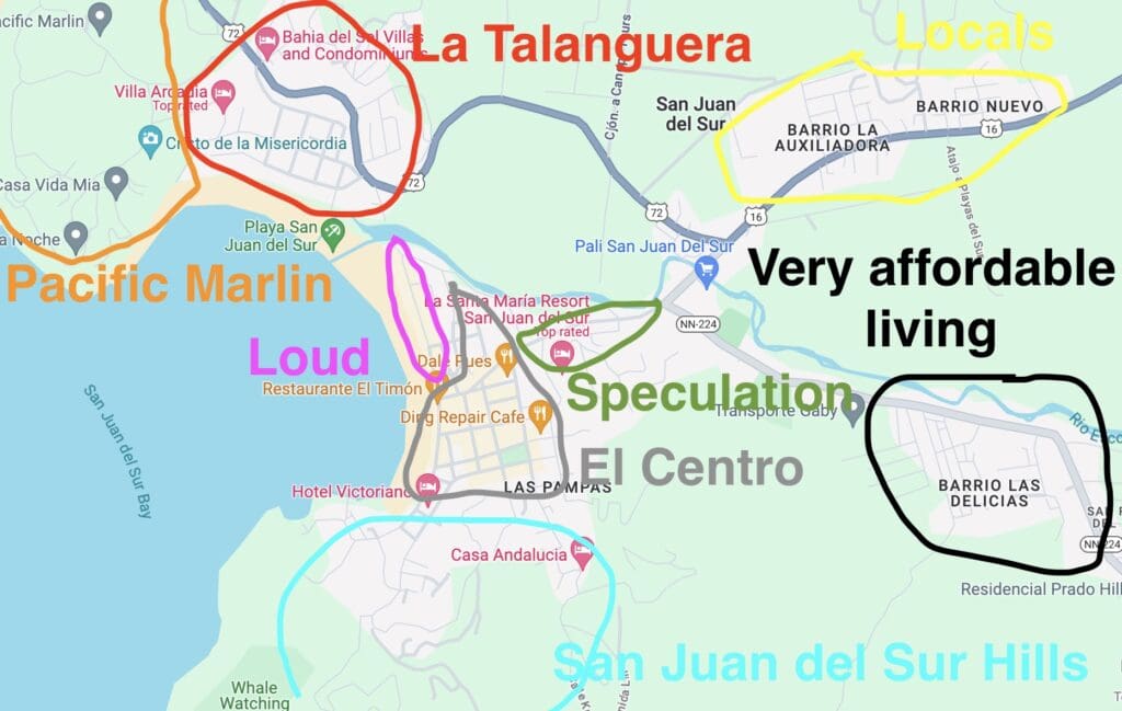 San Juan Del Sur Real Estate Market neighborhood map